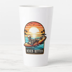 Caneca De Café Latte Nunca Melhor - Skelset surfando Onda Sunset