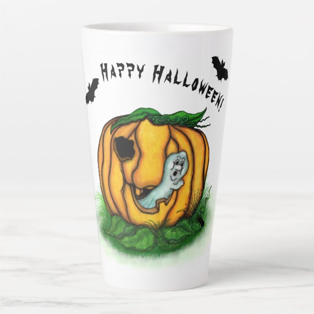 Caneca De Café Latte O Fantasma do Halloween, Morcego, Fantasma e Aranh (Frente)