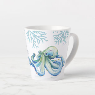 Caneca De Café Latte Octopus Coastal de Cor Azul Testemunha