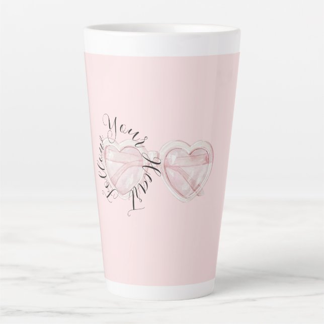 Caneca De Café Latte Óculos de Sol Coração Rosa Bege Citação (Frente)