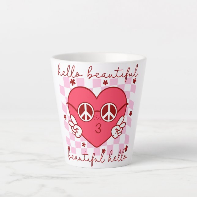 Caneca De Café Latte Olá Belo Coração Rosa (Frente)