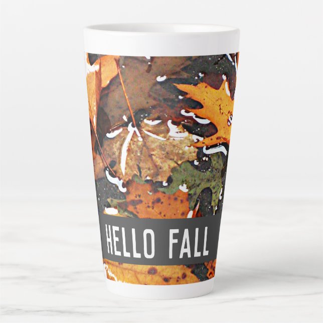 Caneca De Café Latte Olá Fall Rainy Leaves (Frente)