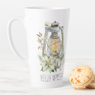 Caneca De Café Latte Olá Winter Watercolor Lanterna Neve