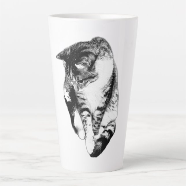 Caneca De Café Latte Olhando Para Baixo, Gato Monocromático (Frente)