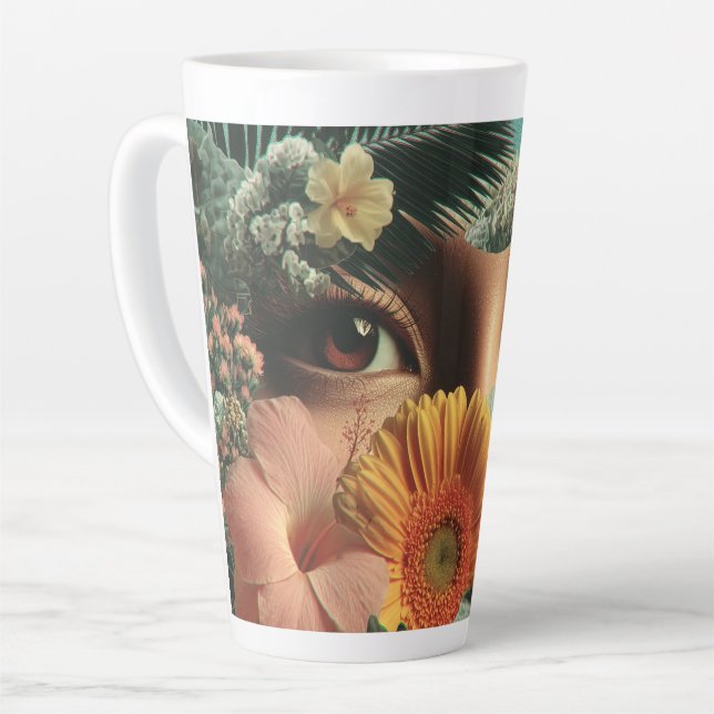 Caneca De Café Latte Olhos Surreais e Flores com Borboletas (Ângulo esquerdo)