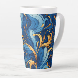 Caneca De Café Latte Ondas Reais de Fantasia Redemoinhos de Azul e Dour