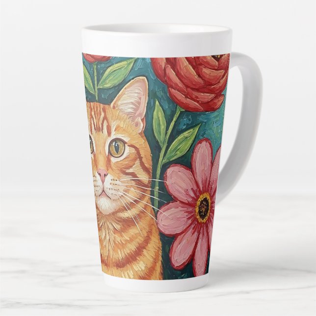 Caneca De Café Latte Orange Cat Folk Art Flowers (Ângulo direito)