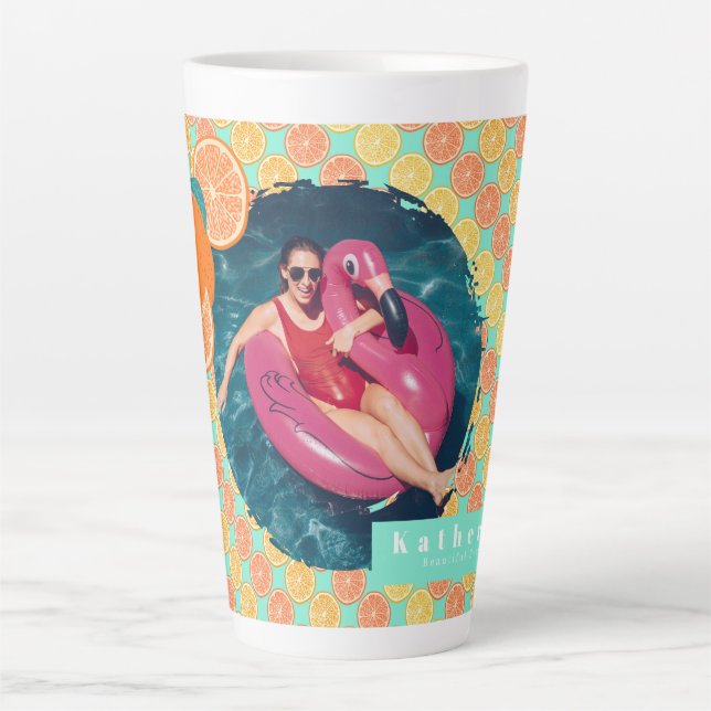 Caneca De Café Latte Orange Summer Teal Blue Foto (Frente)