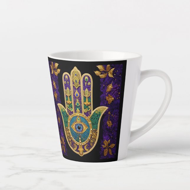 Caneca De Café Latte Ornamentado Dourado Terceiro Olho Hamsa (Direita)