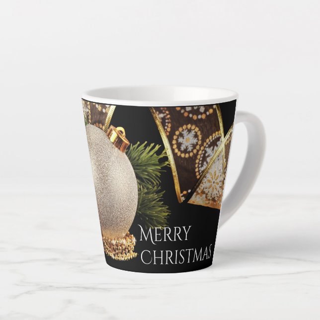 Caneca De Café Latte Ornamento, Fita Verde e Dourada (Ângulo direito)