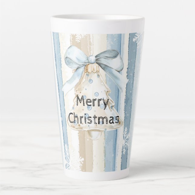 Caneca De Café Latte Ornamento Flocos de Neve em Greve de Natal Azul (Frente)