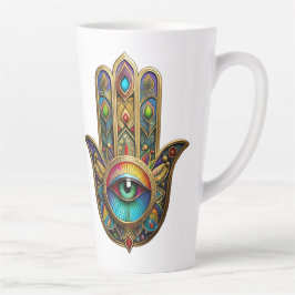 Caneca De Café Latte Ornate Gold Colorful Hamsa Green on Red Third Eye