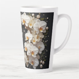 Caneca De Café Latte Orquídea Branca Grinalda Floral Com Pérolas e Ouro