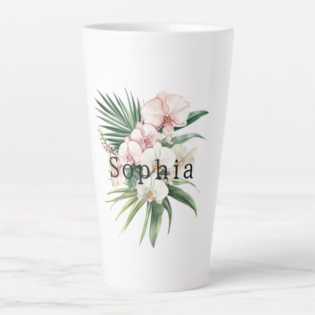 Caneca De Café Latte Orquídea Branca Rosa Tropical Deixa Flores Anivers (Frente)