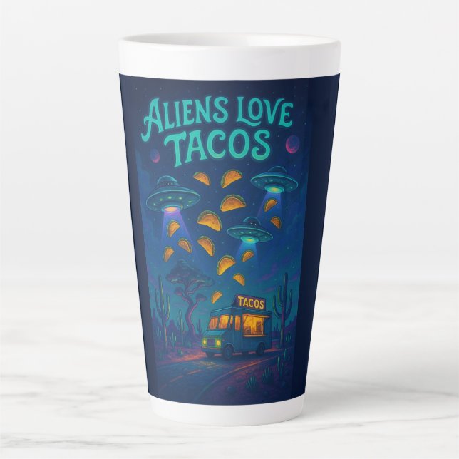 Caneca De Café Latte Os Aliens Amam Tacos (Frente)