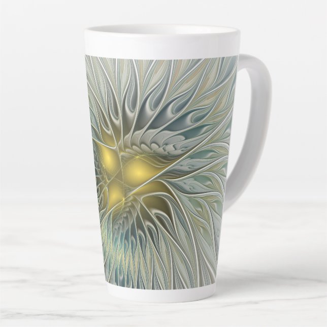 Caneca De Café Latte Ouro Silver Flower Fantasy Abstrato de Arte Fracta (Ângulo direito)