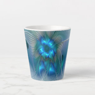 Caneca De Café Latte Ovinas de Pé, Fractal Turquesa Azul Abstrato