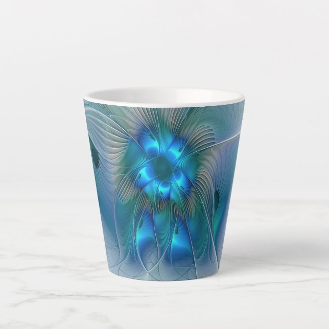 Caneca De Café Latte Ovinas de Pé, Fractal Turquesa Azul Abstrato (Frente)