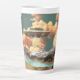 Caneca De Café Latte OVNI Surrealista Acima de Lago de Montanha com Pla