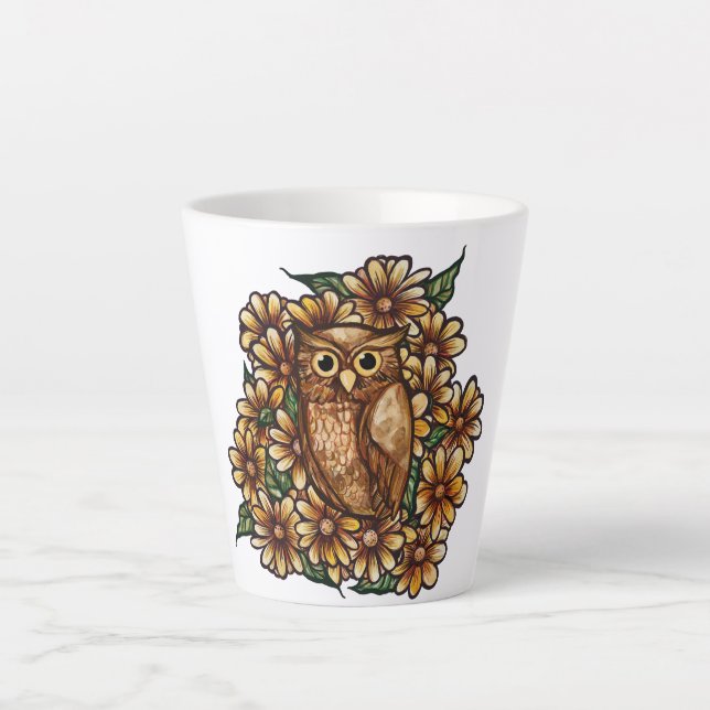 Caneca De Café Latte Owl daisies (Frente)