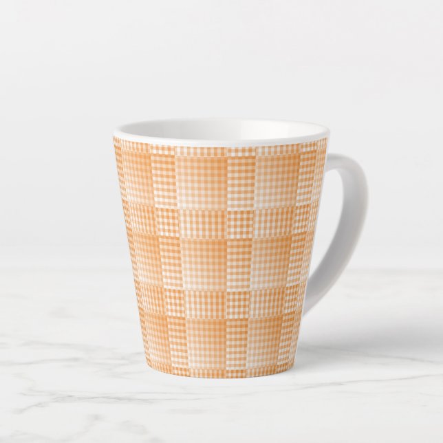 Caneca De Café Latte Padrão Abstrato Xadrez Laranja Branco (Ângulo direito)