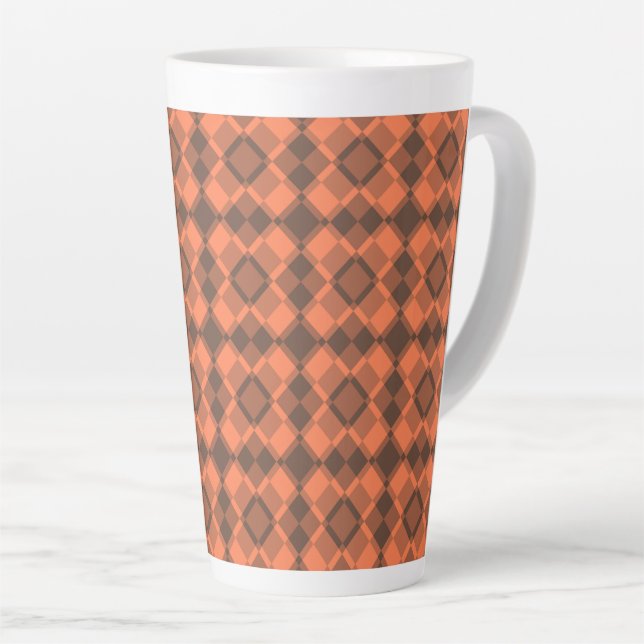 Caneca De Café Latte Padrão Argyle Xadrez Marrom Coral (Ângulo direito)