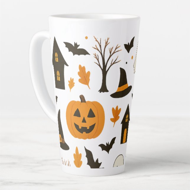 Caneca De Café Latte Padrão Assustador do Halloween - Spooky e Festivo (Ângulo esquerdo)