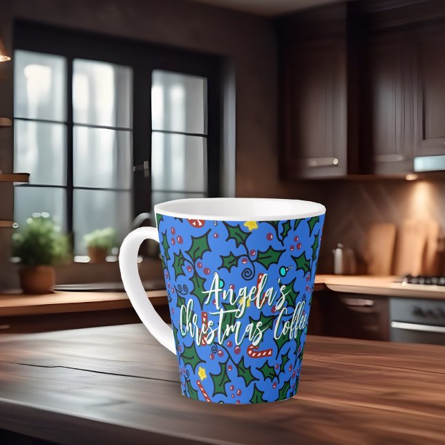 Caneca De Café Latte Padrão Azul Café de Natal (This is a hand-drawn design.)