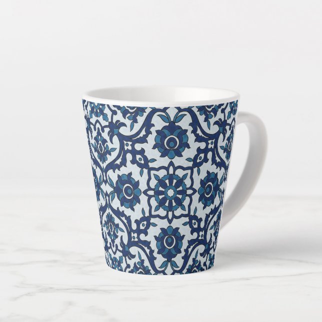Caneca De Café Latte Padrão Azulejos Floral do Azulejo Azulejos Azul (Ângulo direito)