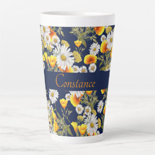 Caneca De Café Latte Padrão bonito de camomila e papagaios personaliza
