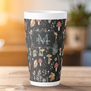 Caneca De Café Latte Padrão Botânico de Cogumelo Samambaia em Aquarela
