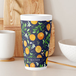 Caneca De Café Latte Padrão Botânico Floral de Verão Citrino Laranja