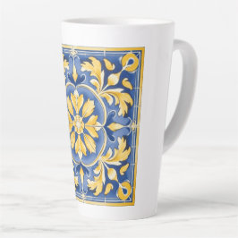 Caneca De Café Latte Padrão Botânico mediterrânico - Azul e Amarelo