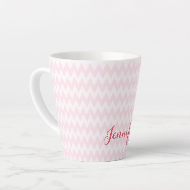 Caneca De Café Latte Padrão Branco Rosa Moderno Personalizado Elegante (Ângulo esquerdo)