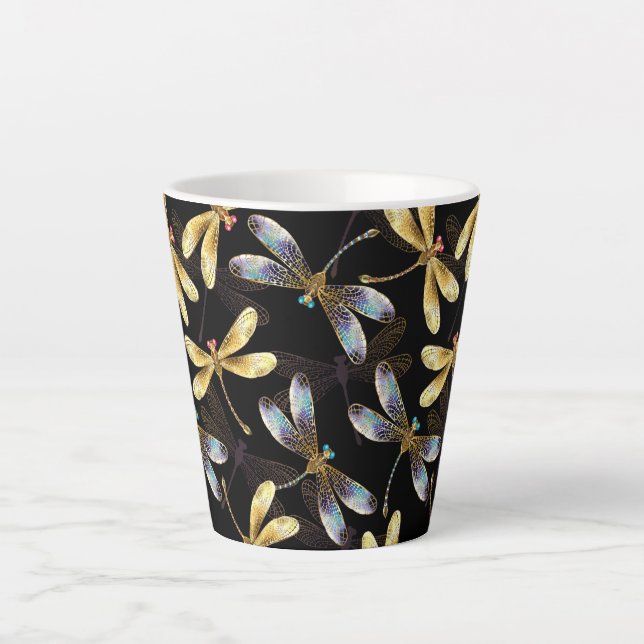 Caneca De Café Latte Padrão contínuo com libélulas douradas (Frente)