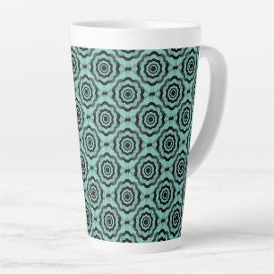 Caneca De Café Latte Padrão contínuo de flor preta azul-esverdeada