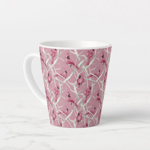 Caneca De Café Latte Padrão de Aves Cardinais de Natal Rosa