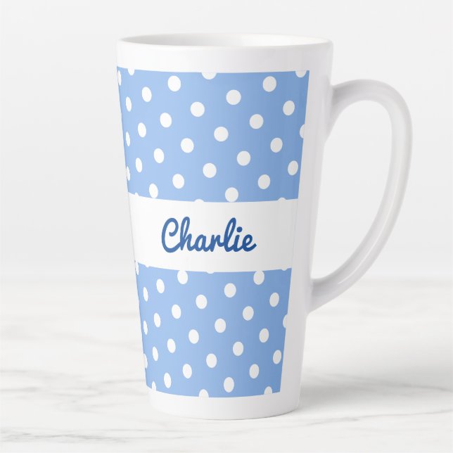 Caneca De Café Latte Padrão de Bolinhas Azuis Estiloso Nome Personaliza (Direita)