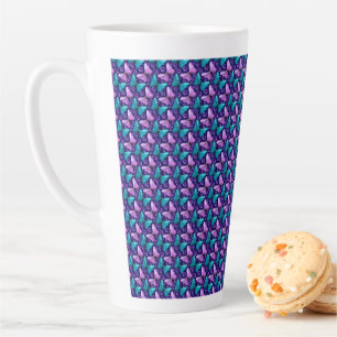 Caneca De Café Latte Padrão de Borboleta Roxa e Turquesa   Sem Costura 