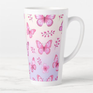 Caneca De Café Latte Padrão de borboletas e flores cor-de-rosa