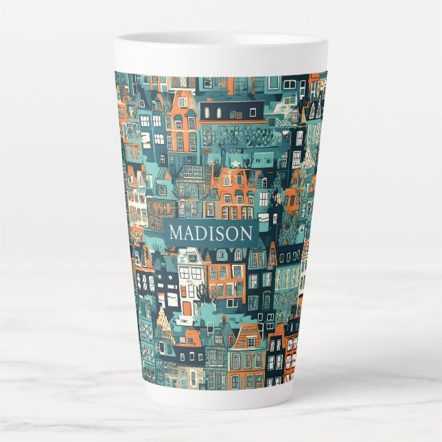 Caneca De Café Latte Padrão de Casas Holandesas de Nome Personalizado (Frente)