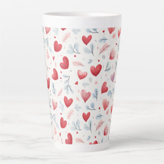 Caneca De Café Latte Padrão de Corações e Folhas de Cores Aquáticas Whi