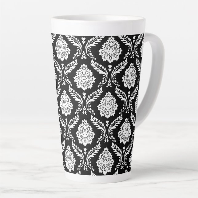Caneca De Café Latte Padrão de Damasco Rococó Branco no Preto (Ângulo direito)