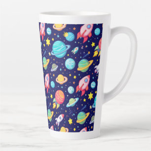 Caneca De Café Latte Padrão de desenho animado espacial colorido