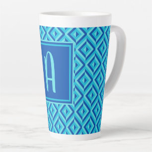 Caneca De Café Latte Padrão de Diamante de Três Tom Azul Monograma