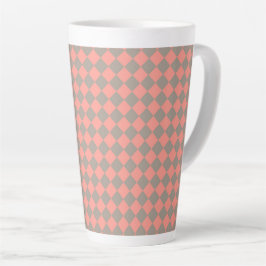 Caneca De Café Latte Padrão de Diamante Xadrez Cinza Coral