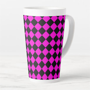 Caneca De Café Latte Padrão de diamante xadrez rosa e preto