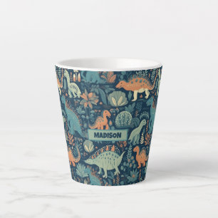 Caneca De Café Latte Padrão de Dinossauro de Nome Personalizado