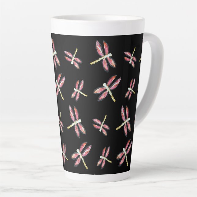 Caneca De Café Latte Padrão de Dragonfly Rosa Dançante (Ângulo direito)