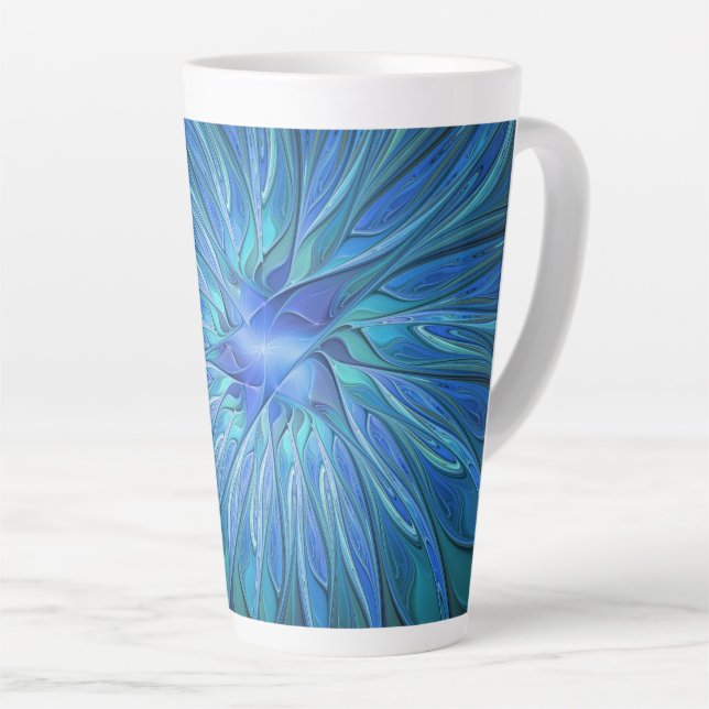 Caneca De Café Latte Padrão de fantasia de flores azuis, arte frontal A (Ângulo direito)